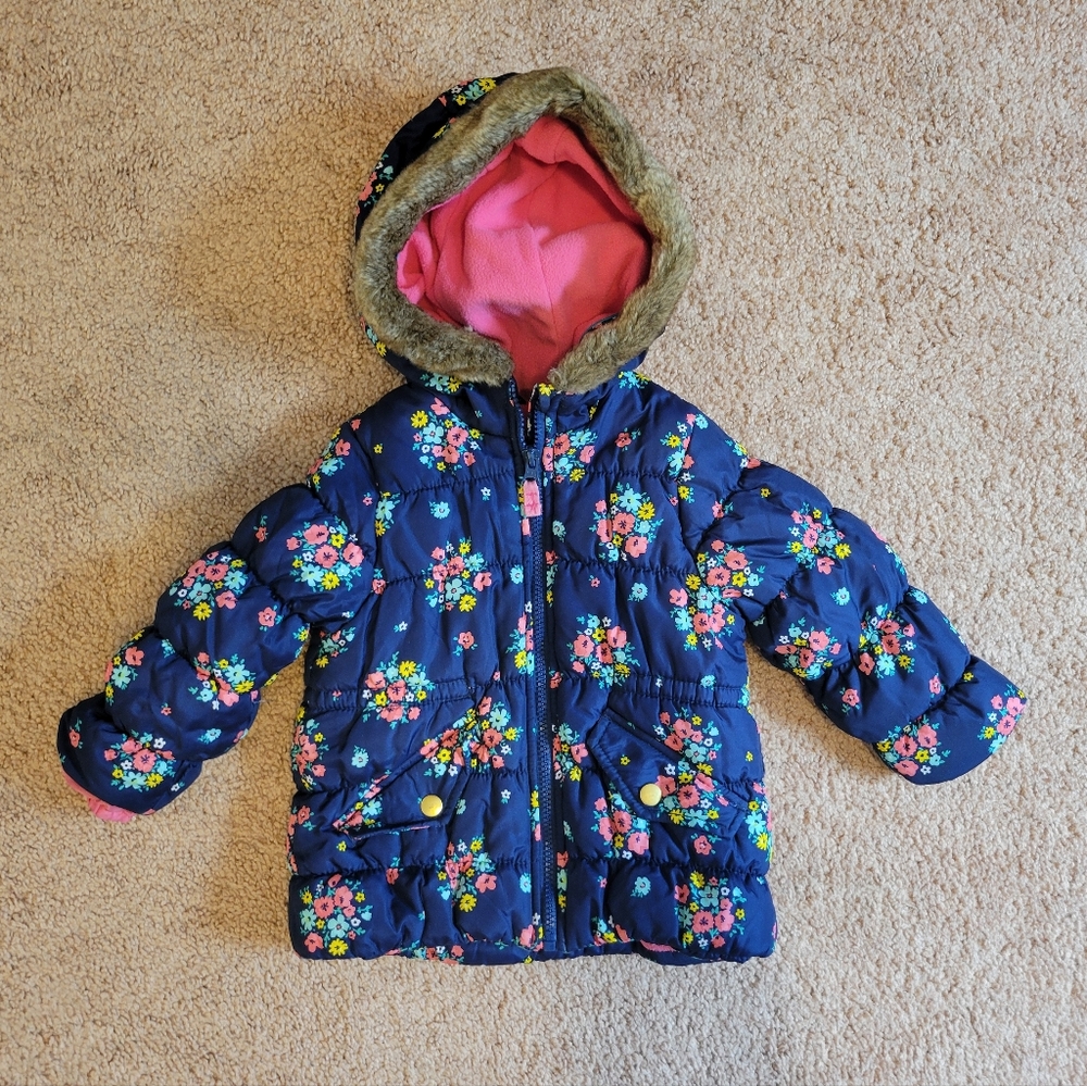 Carters Floral Girls Toddler 2T Puffer Jacket Faux Fur Hooded Coat Winter Blue